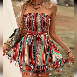 Geo Print Tassel Trim Belted Tube Romper